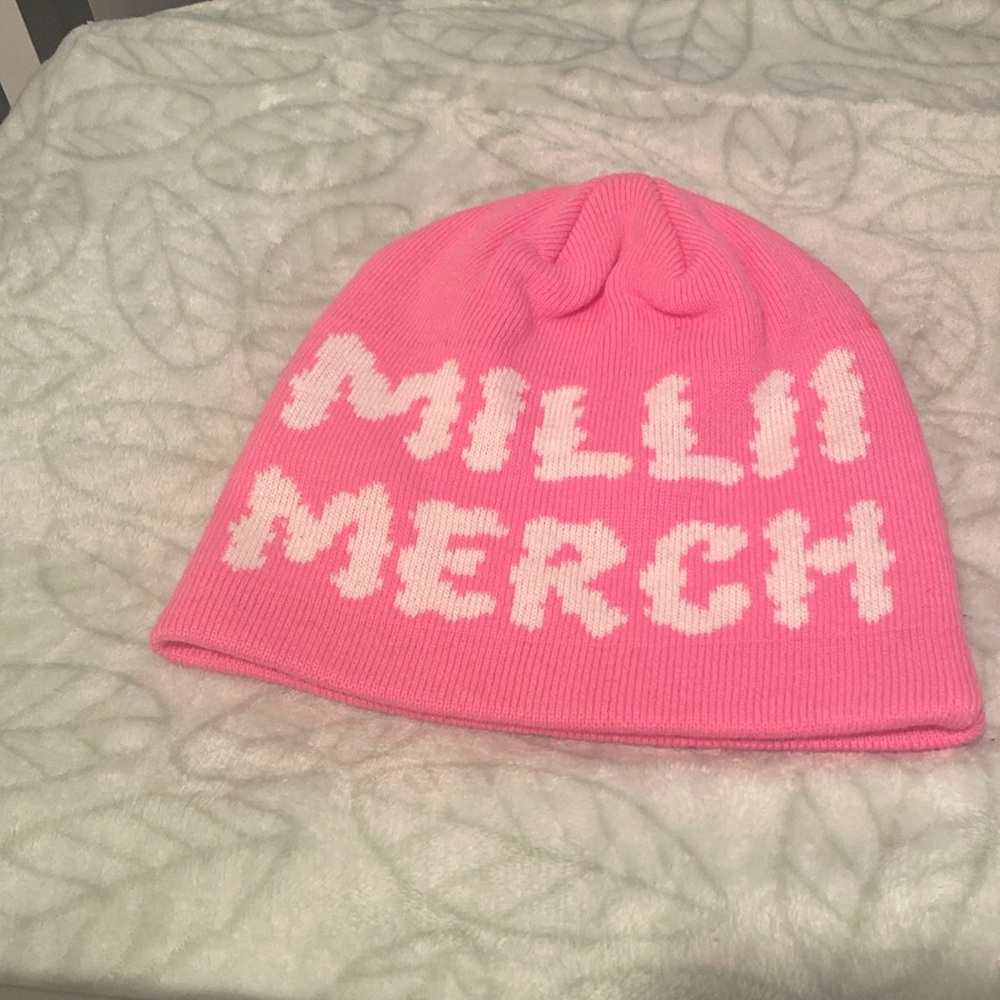 Pink and white Millie merch beanie